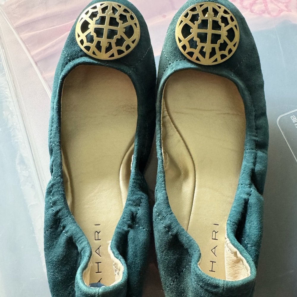 Tahari Green Suede Flats with Gold Accent